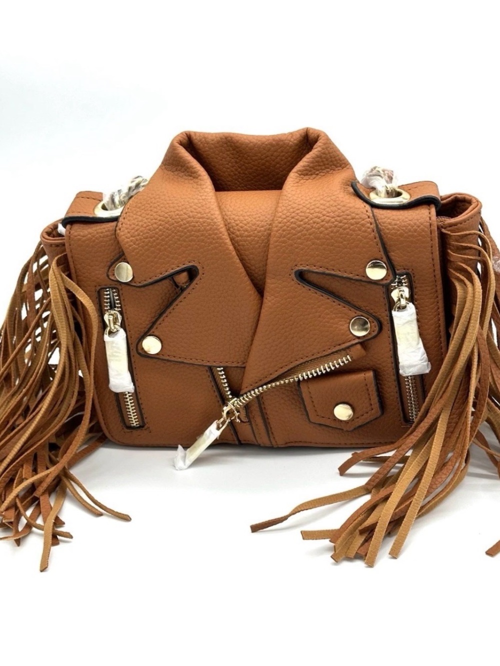 Caramel Jacket-Style Fringe Crossbody Bag Vegan Leather